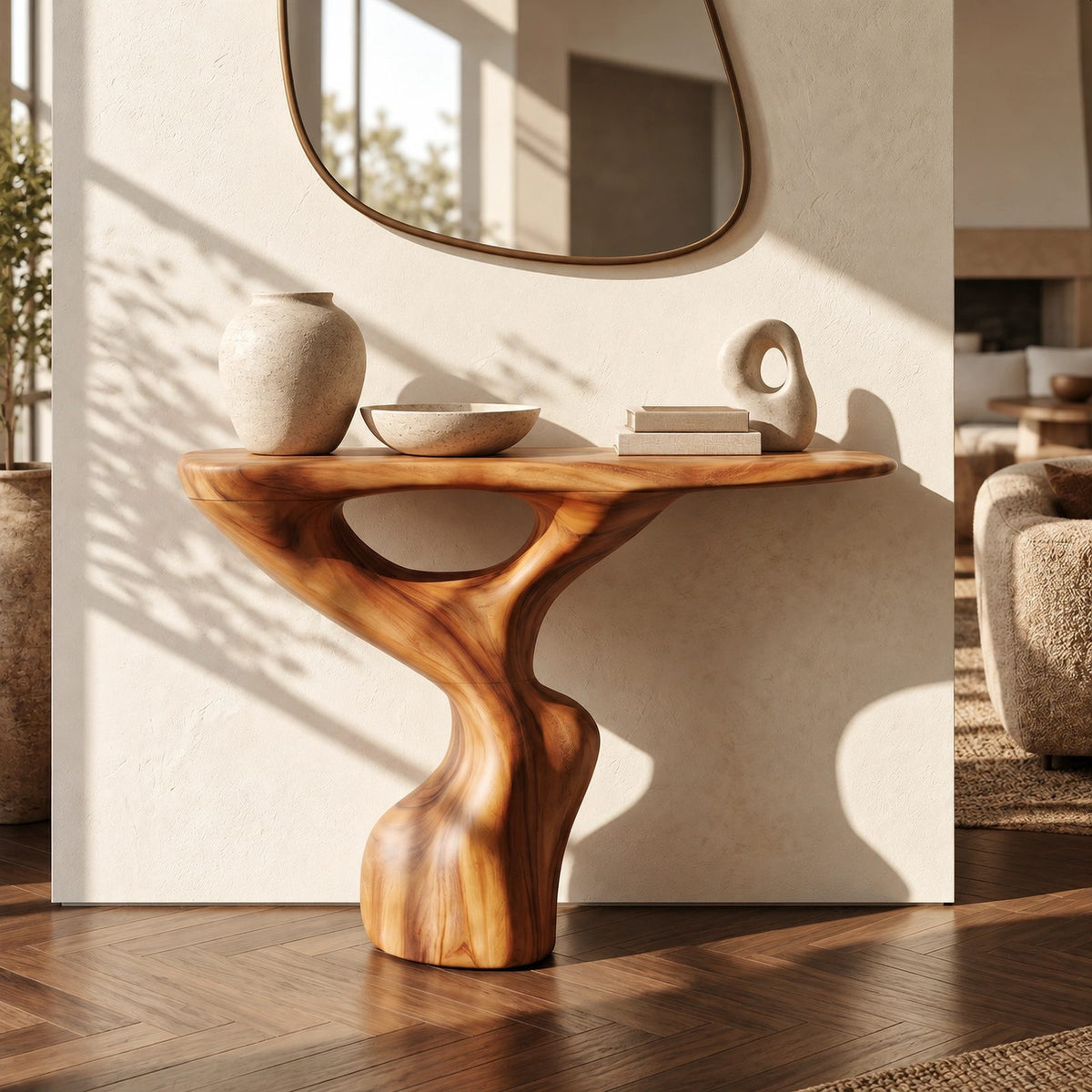 Handcrafted Solid Wood Console Table With Pierced Pedestal For Hallway