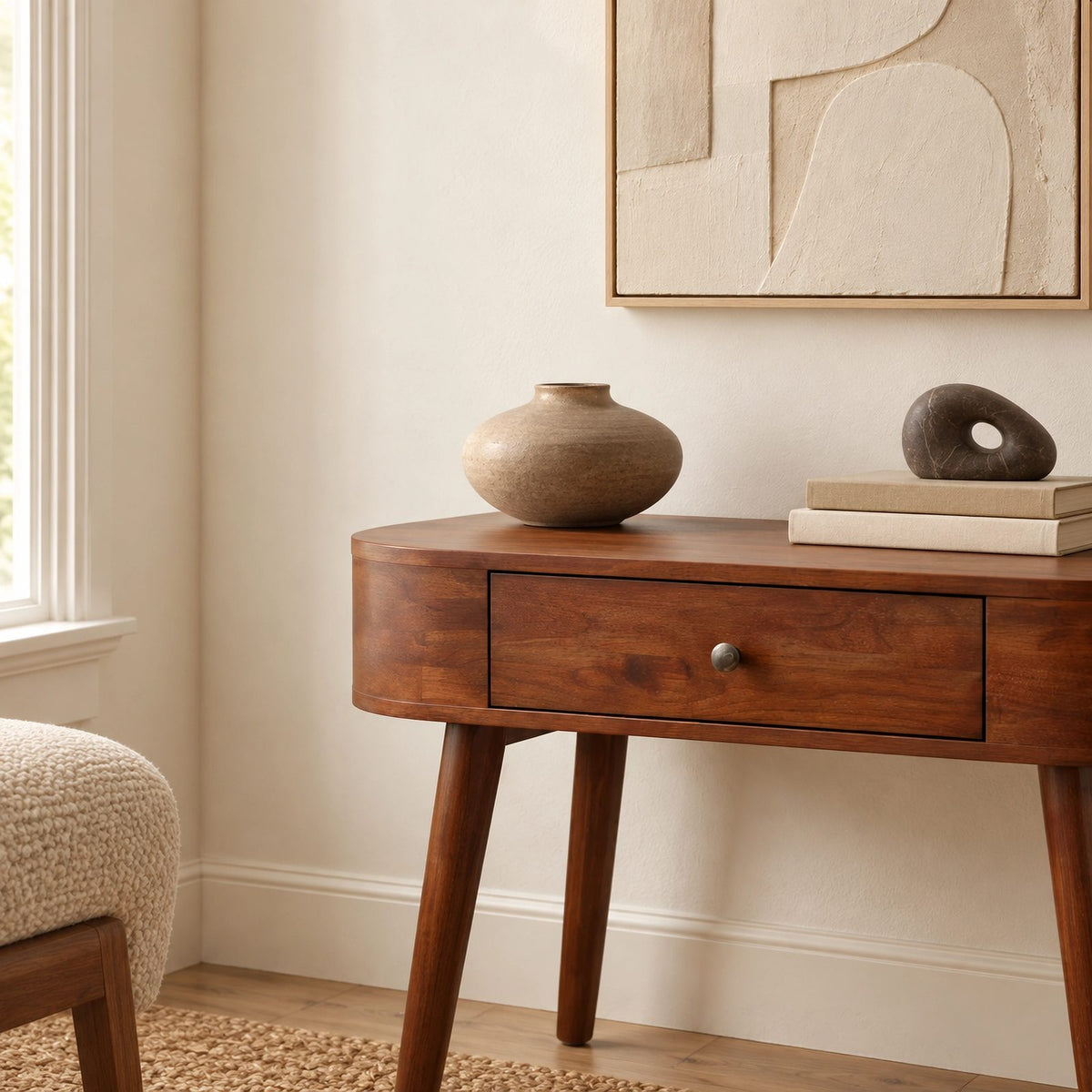 Mid Century Curved Wood Console Table With Drawer For Entryway