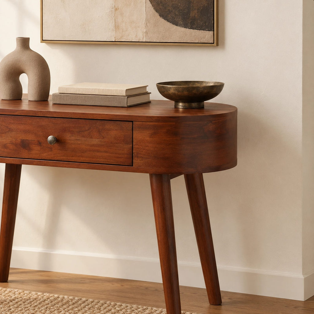 Mid Century Curved Wood Console Table With Drawer For Entryway