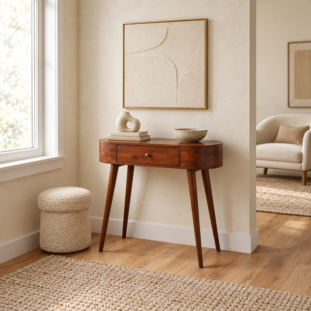Mid Century Curved Wood Console Table With Drawer For Entryway