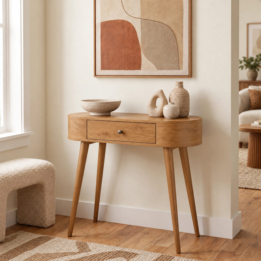 Mid Century Curved Wood Console Table With Drawer For Entryway