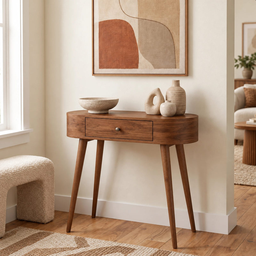 Mid Century Curved Wood Console Table With Drawer For Entryway