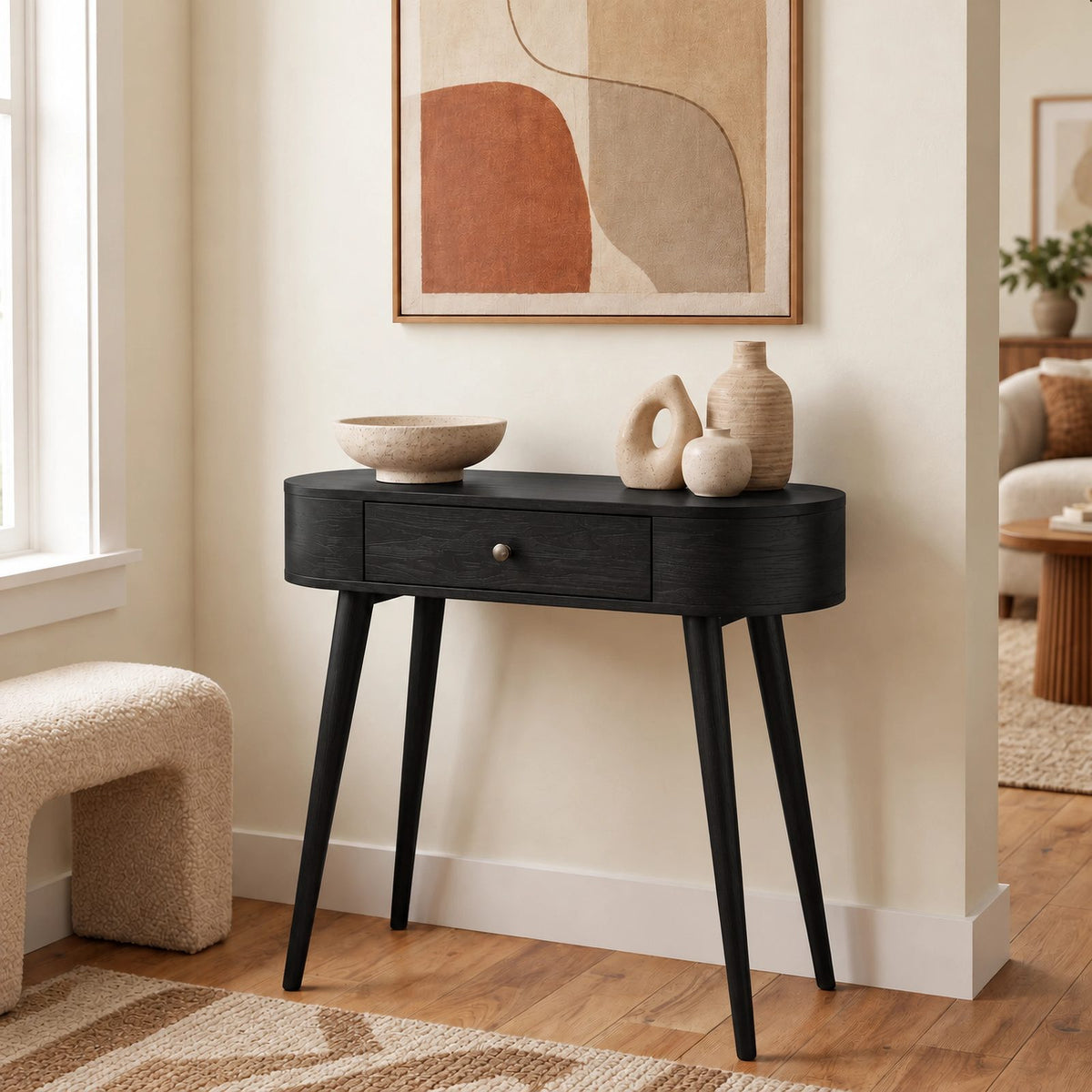 Mid Century Curved Wood Console Table With Drawer For Entryway