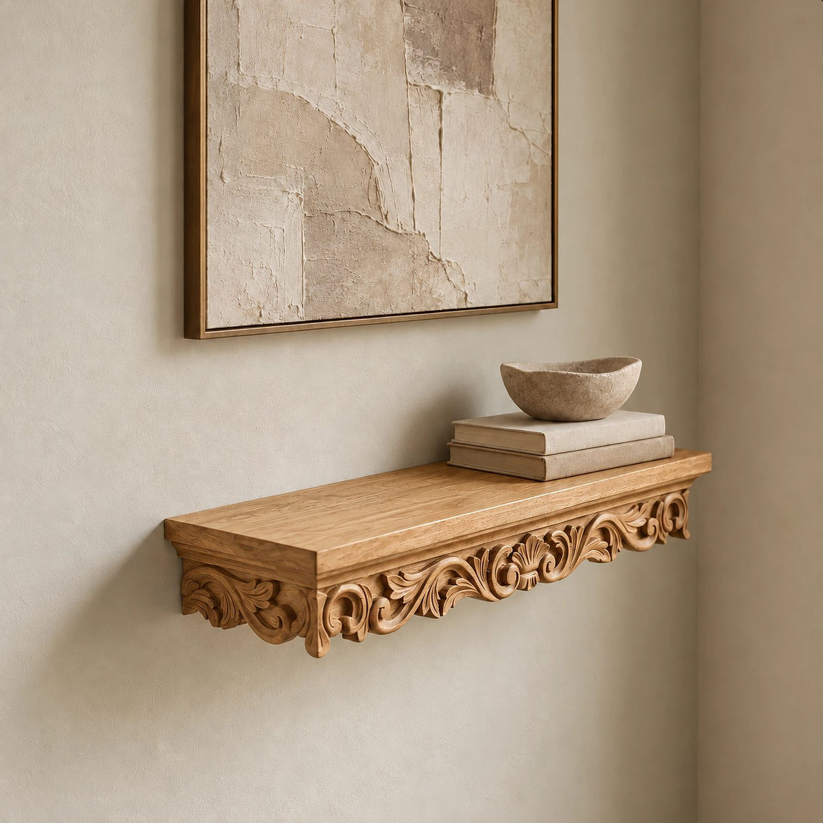 Ornate Carved Wood Floating Wall Shelf With Scroll Brackets For Entryway