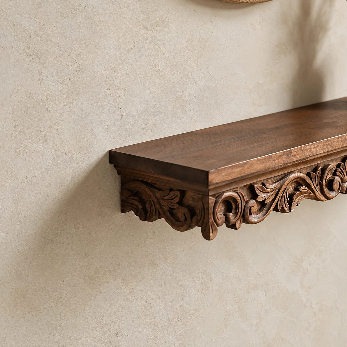 Ornate Carved Wood Floating Wall Shelf With Scroll Brackets For Entryway