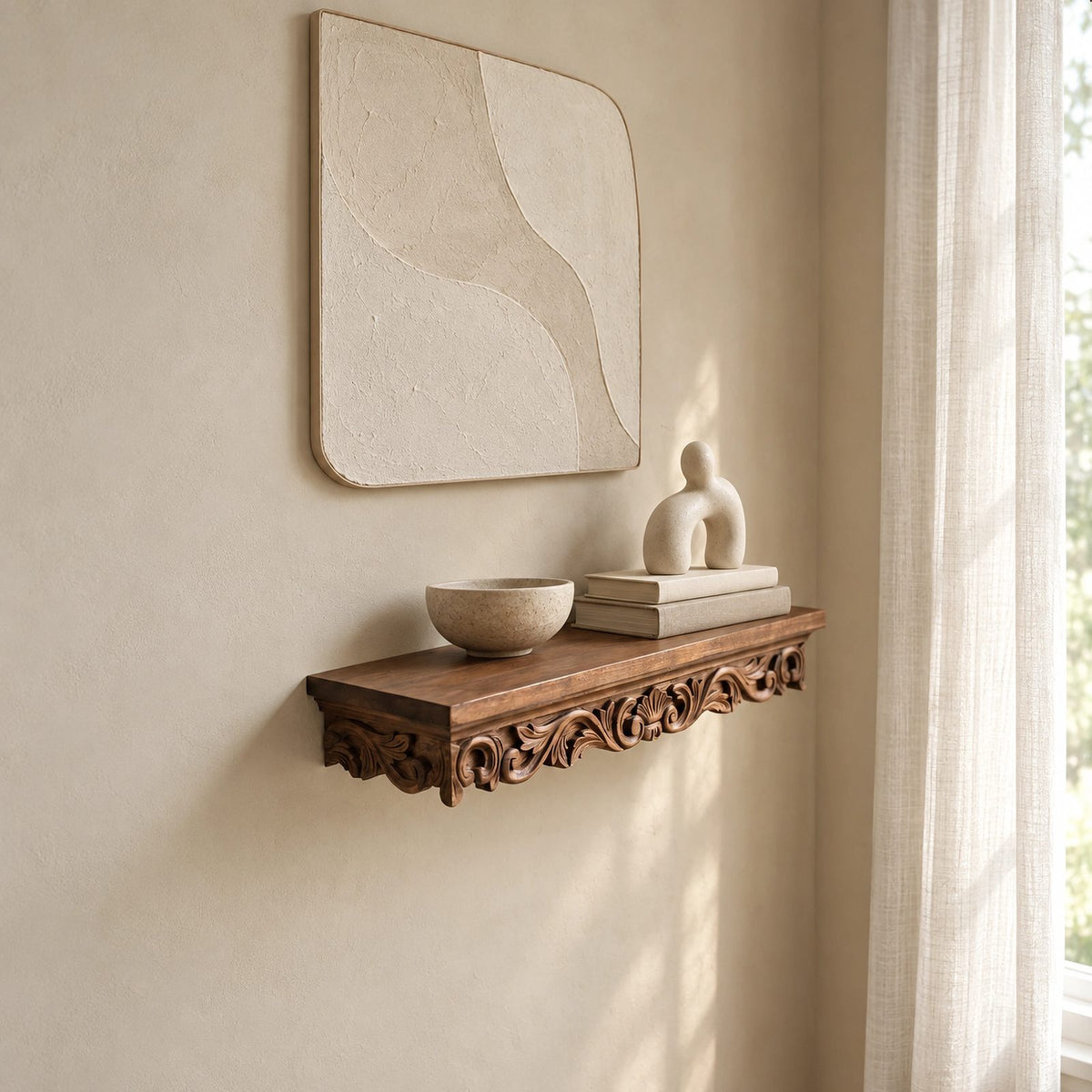 Ornate Carved Wood Floating Wall Shelf With Scroll Brackets For Entryway