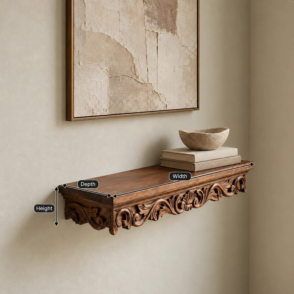 Ornate Carved Wood Floating Wall Shelf With Scroll Brackets For Entryway