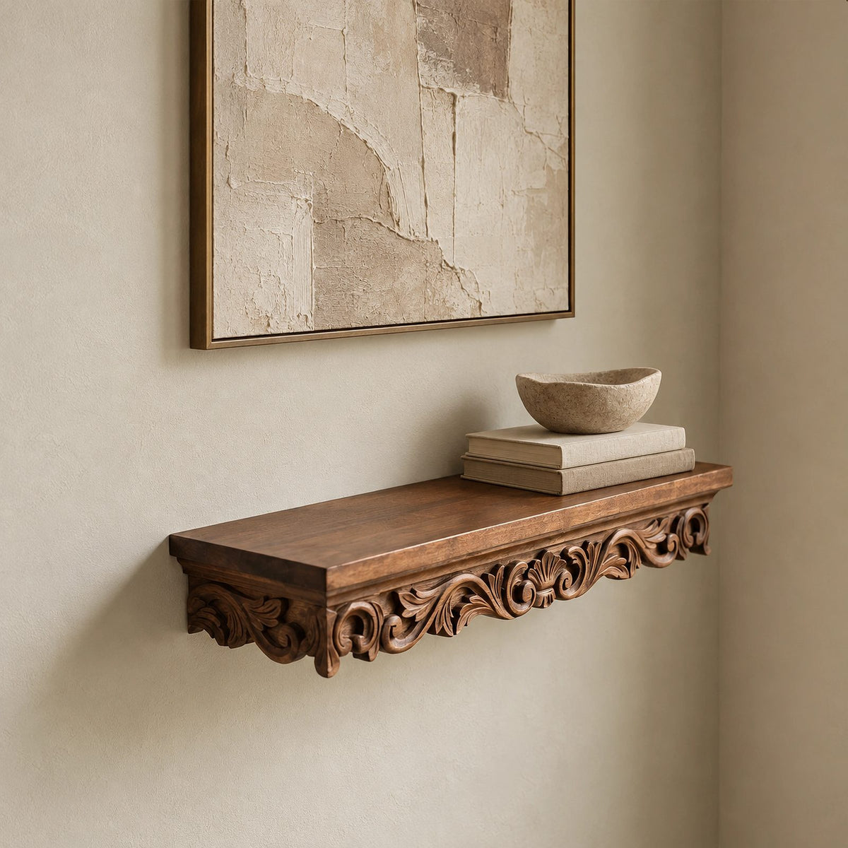 Ornate Carved Wood Floating Wall Shelf With Scroll Brackets For Entryway