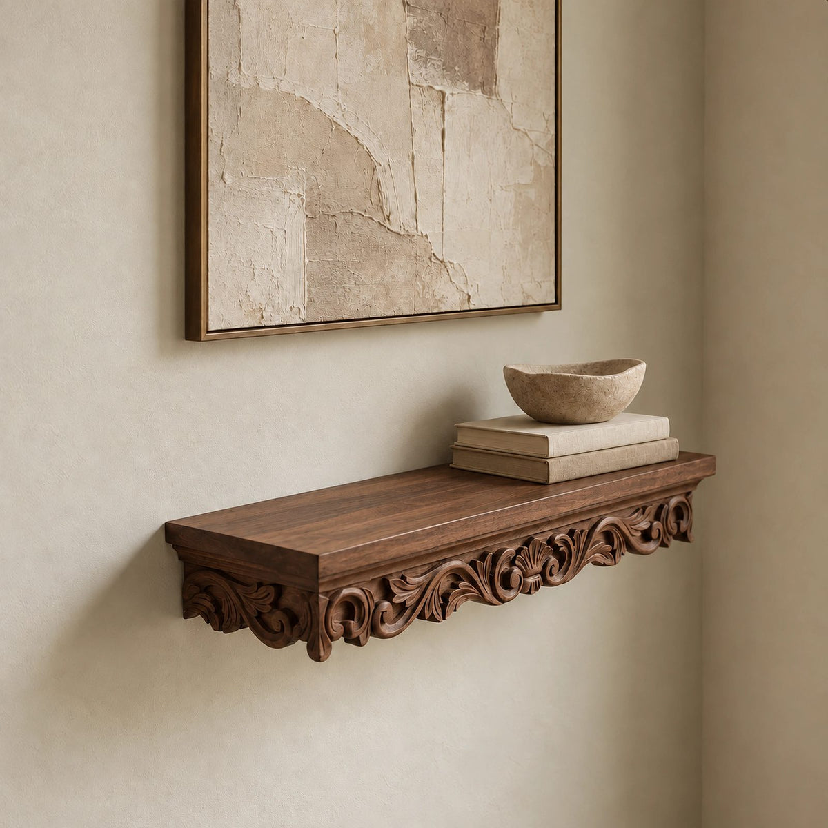 Ornate Carved Wood Floating Wall Shelf With Scroll Brackets For Entryway