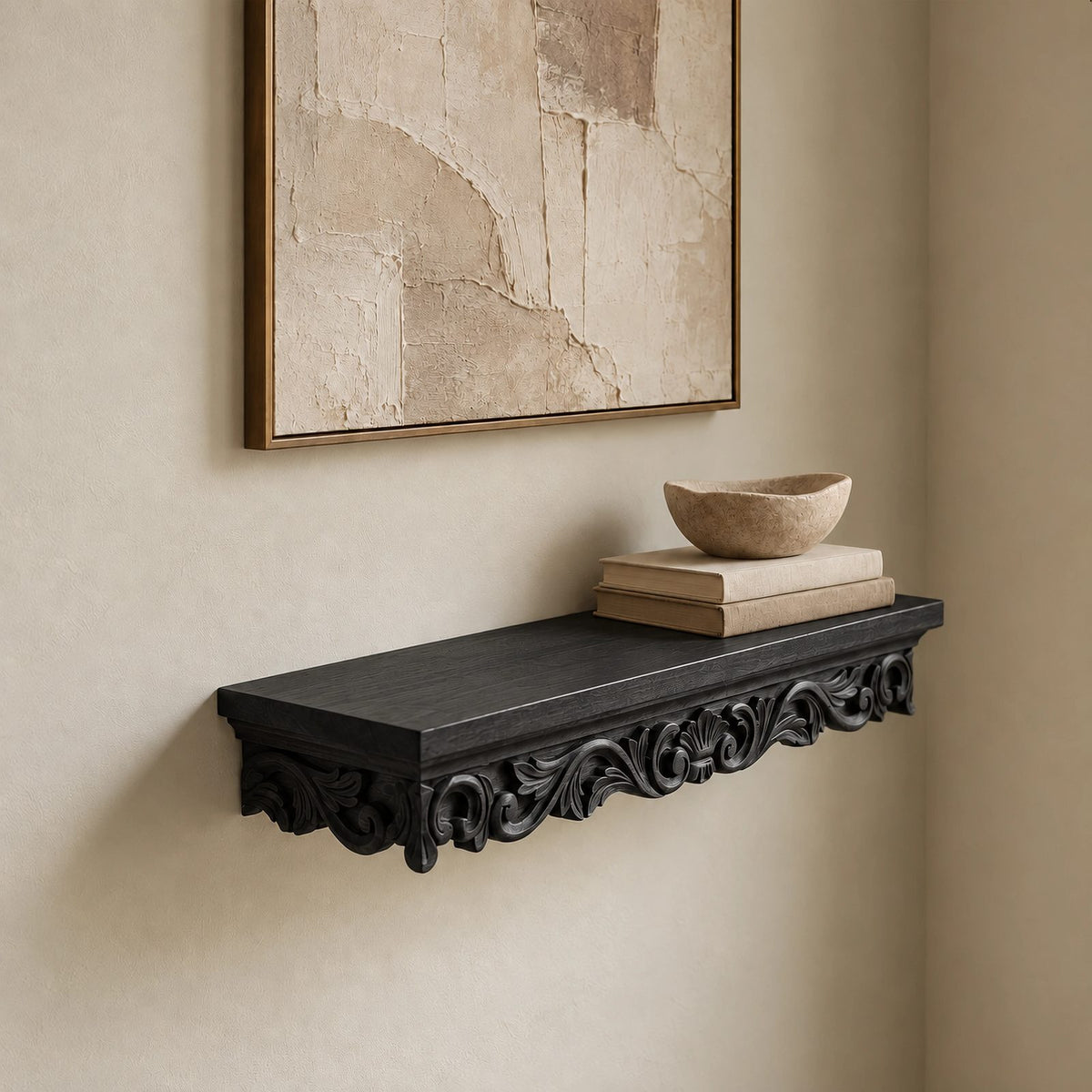 Ornate Carved Wood Floating Wall Shelf With Scroll Brackets For Entryway