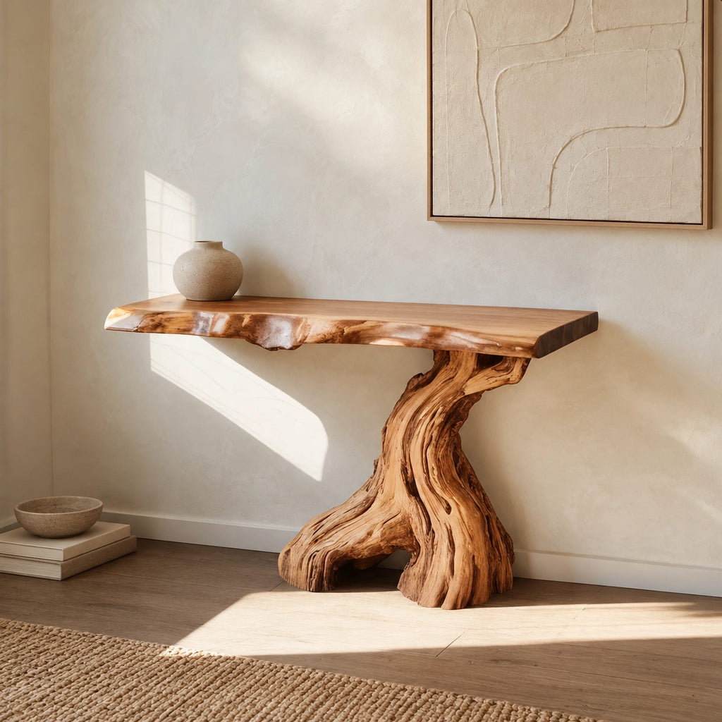 Organic Live Edge Console Table With Gnarled Trunk Base For Entryway