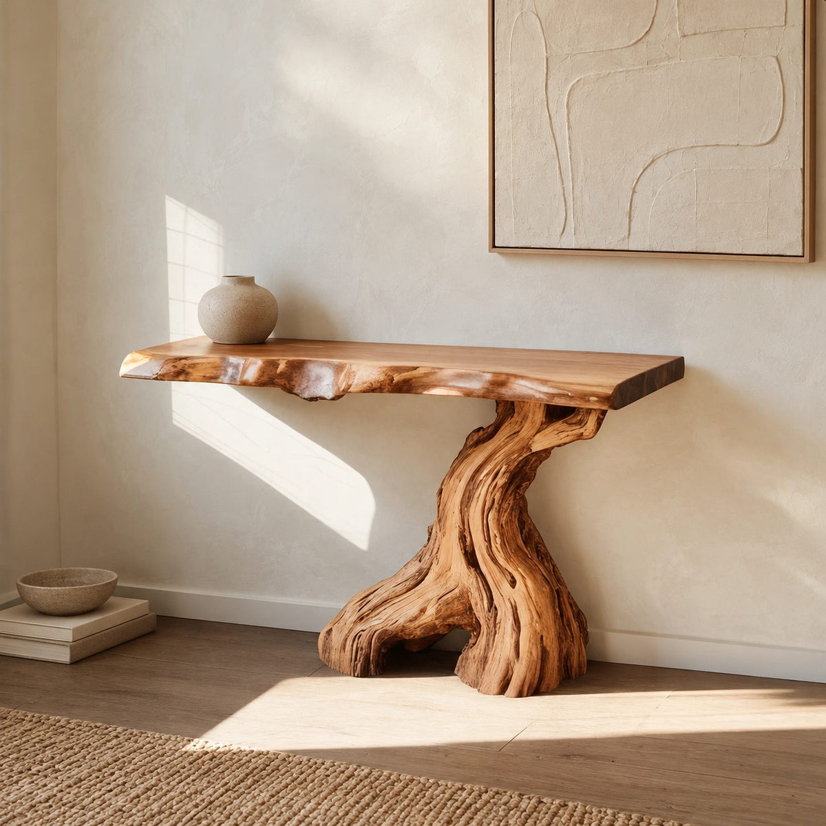 Organic Live Edge Console Table With Gnarled Trunk Base For Entryway