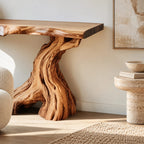 Organic Live Edge Console Table With Gnarled Trunk Base For Entryway