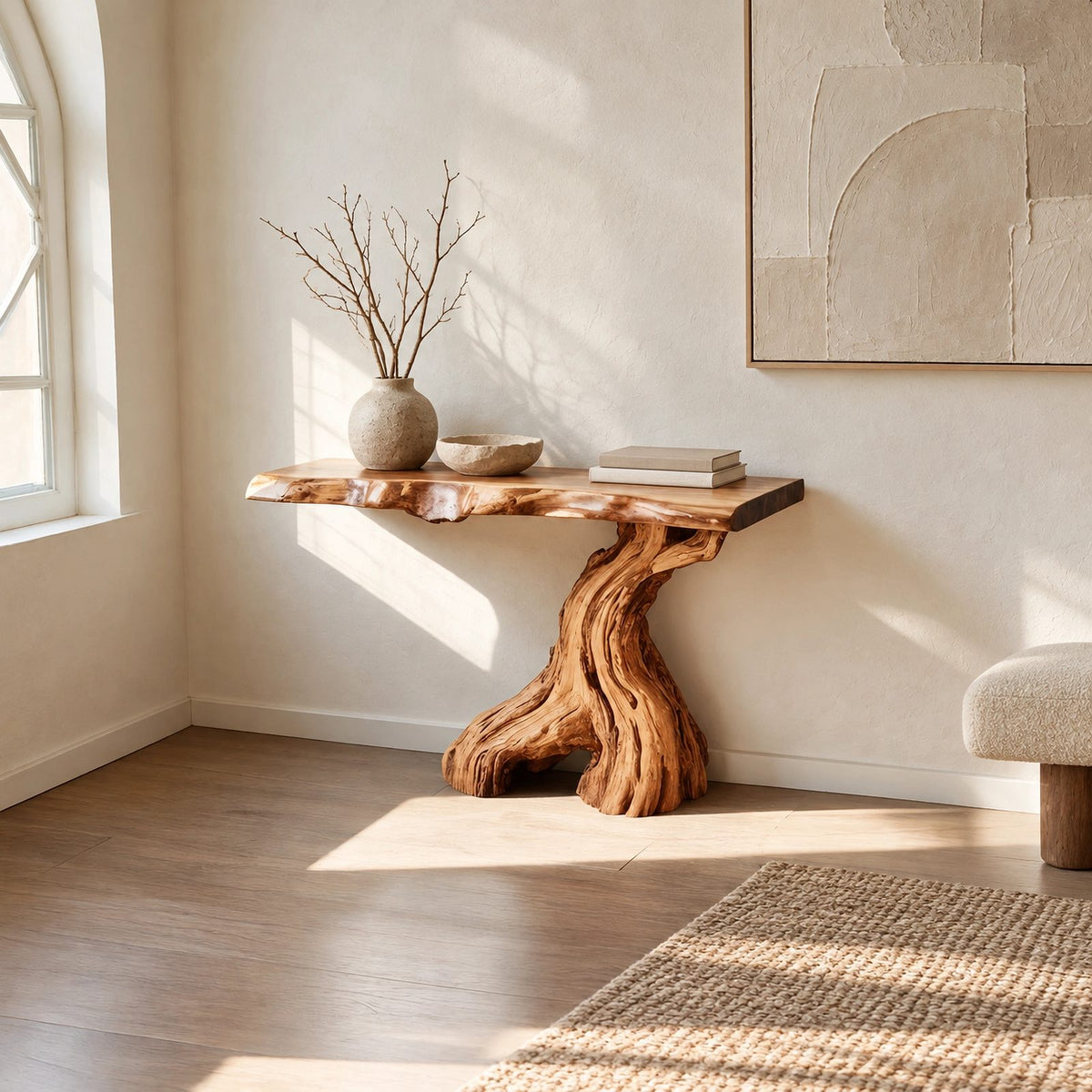 Organic Live Edge Console Table With Gnarled Trunk Base For Entryway