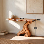 Organic Live Edge Console Table With Gnarled Trunk Base For Entryway
