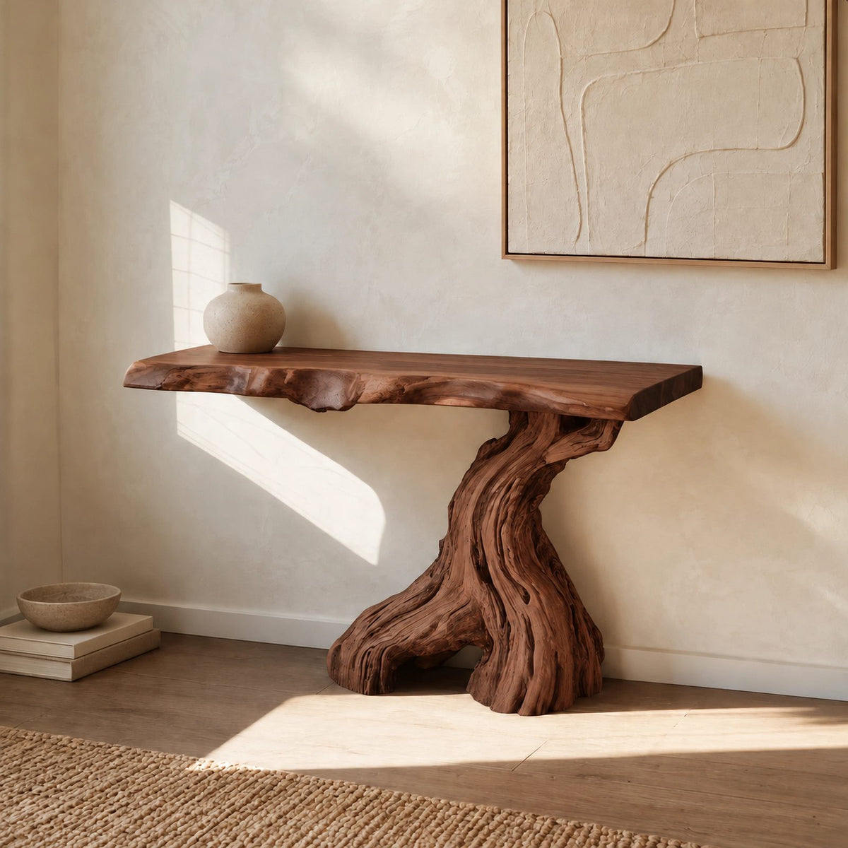 Organic Live Edge Console Table With Gnarled Trunk Base For Entryway