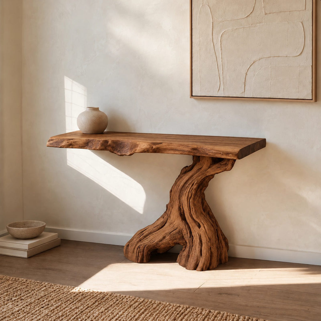 Organic Live Edge Console Table With Gnarled Trunk Base For Entryway