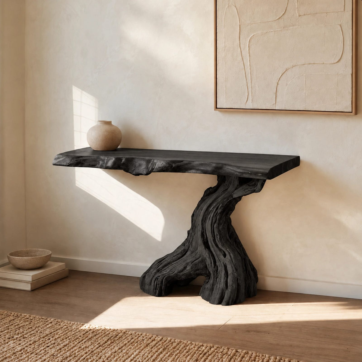 Organic Live Edge Console Table With Gnarled Trunk Base For Entryway