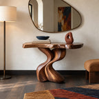 Sculptural Wood Console Table With Twisted V Base For Entryway