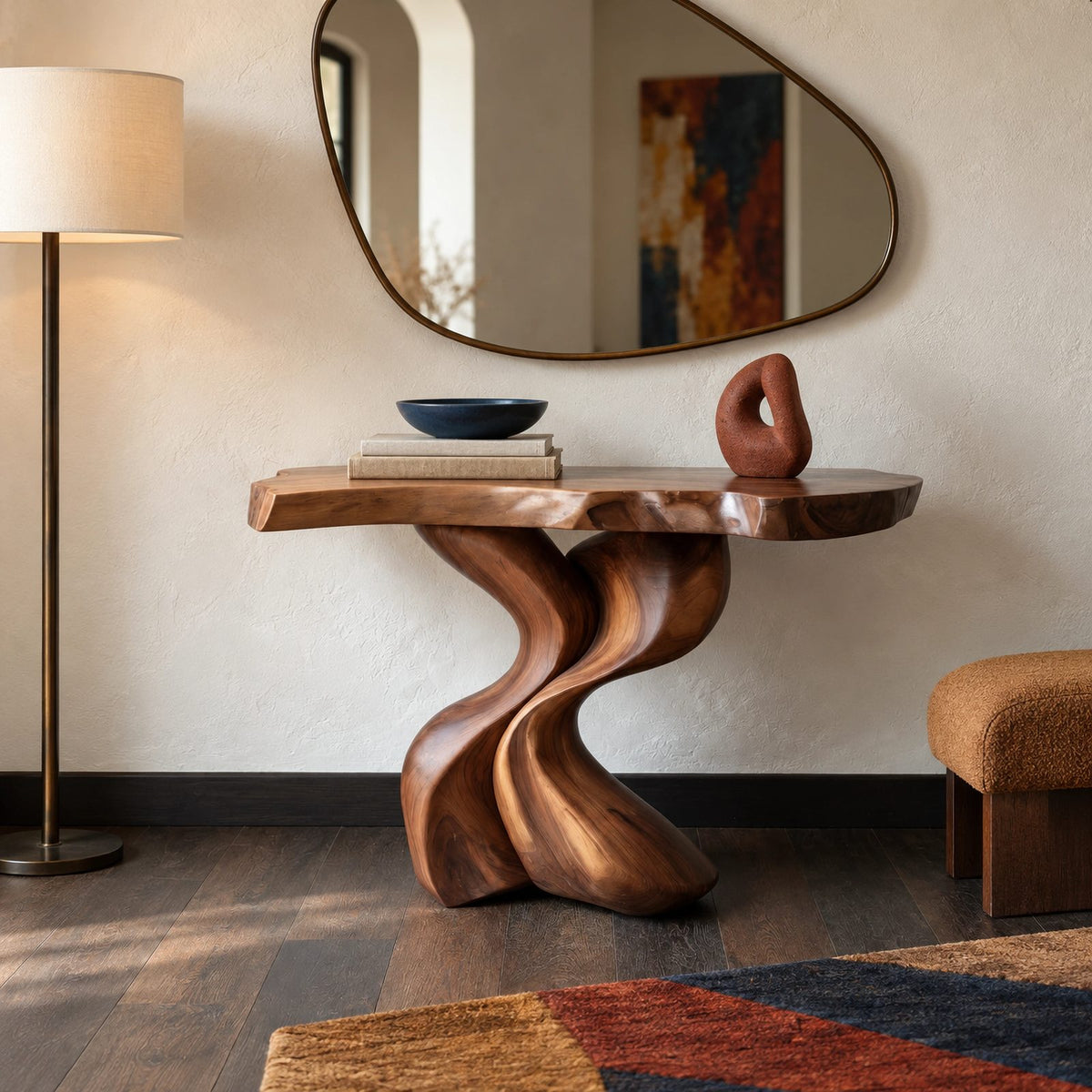 Sculptural Wood Console Table With Twisted V Base For Entryway