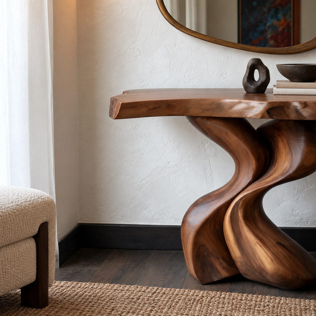 Sculptural Wood Console Table With Twisted V Base For Entryway