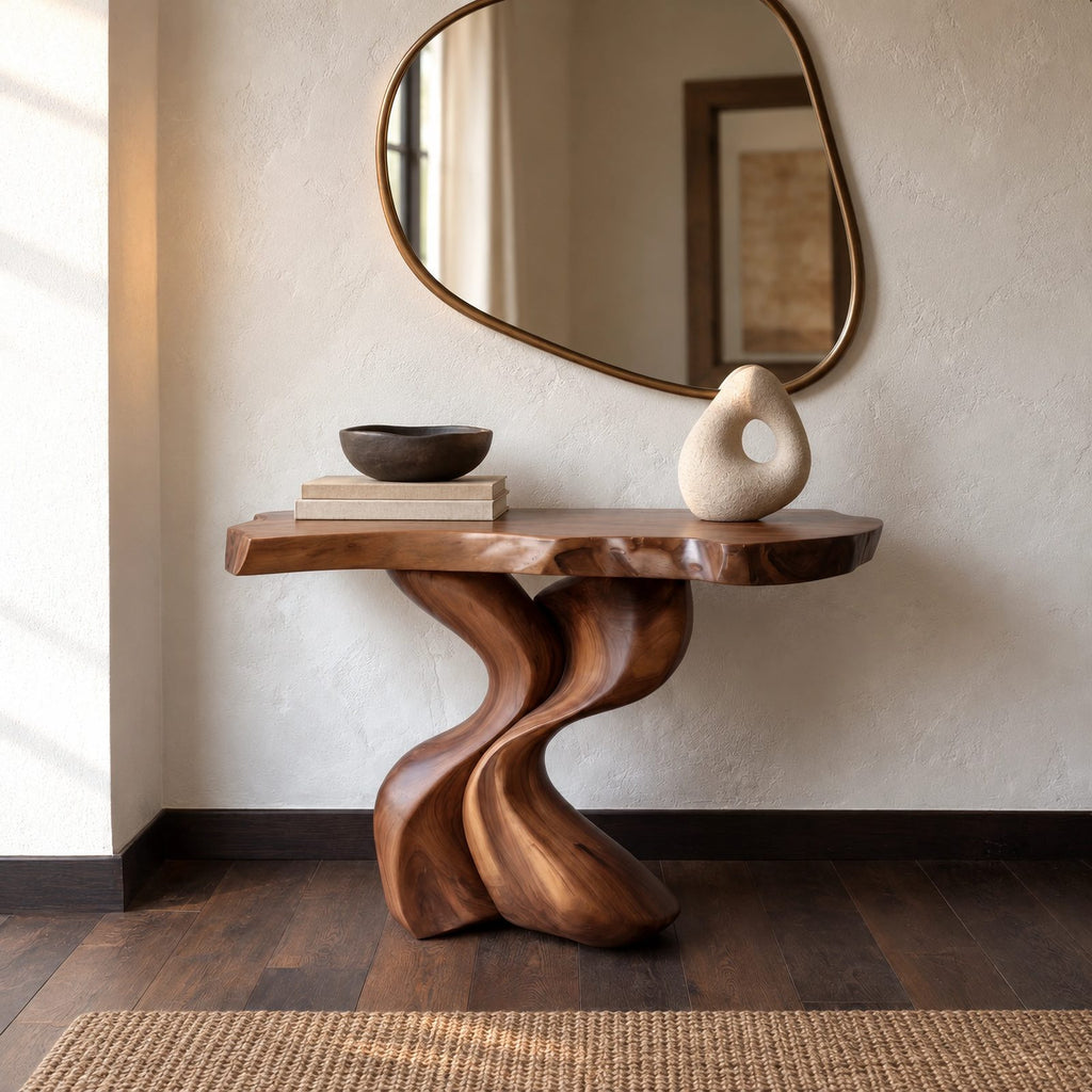 Sculptural Wood Console Table With Twisted V Base For Entryway