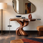 Sculptural Wood Console Table With Twisted V Base For Entryway