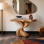 Sculptural Wood Console Table With Twisted V Base For Entryway