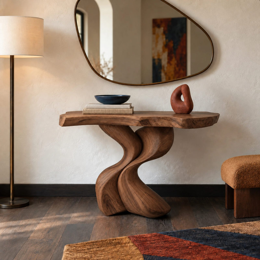 Sculptural Wood Console Table With Twisted V Base For Entryway