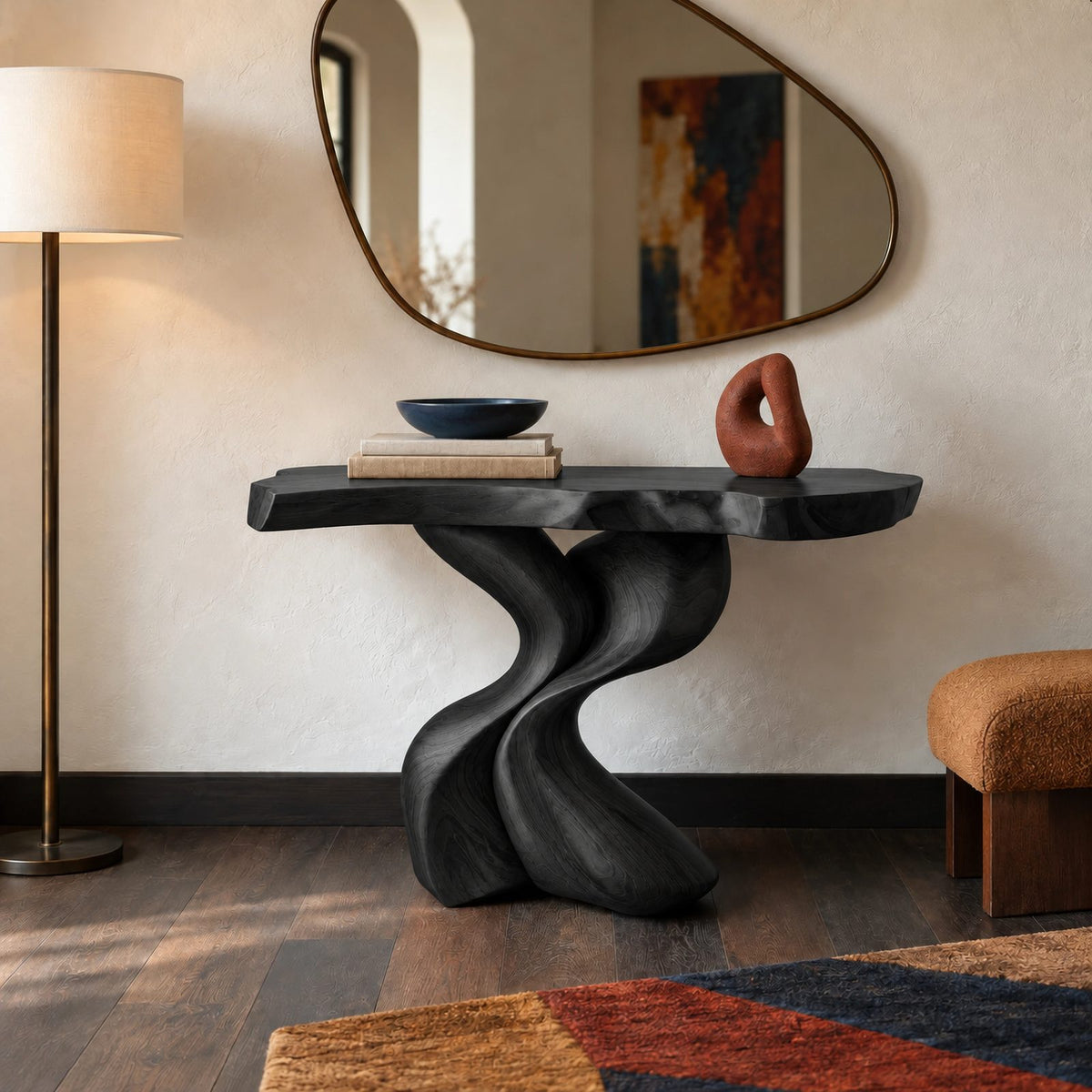 Sculptural Wood Console Table With Twisted V Base For Entryway