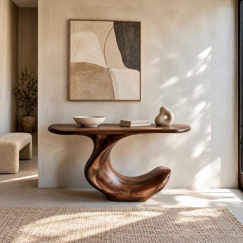 Contemporary Flowing Wood Console Table With S Curve Base For Entryway
