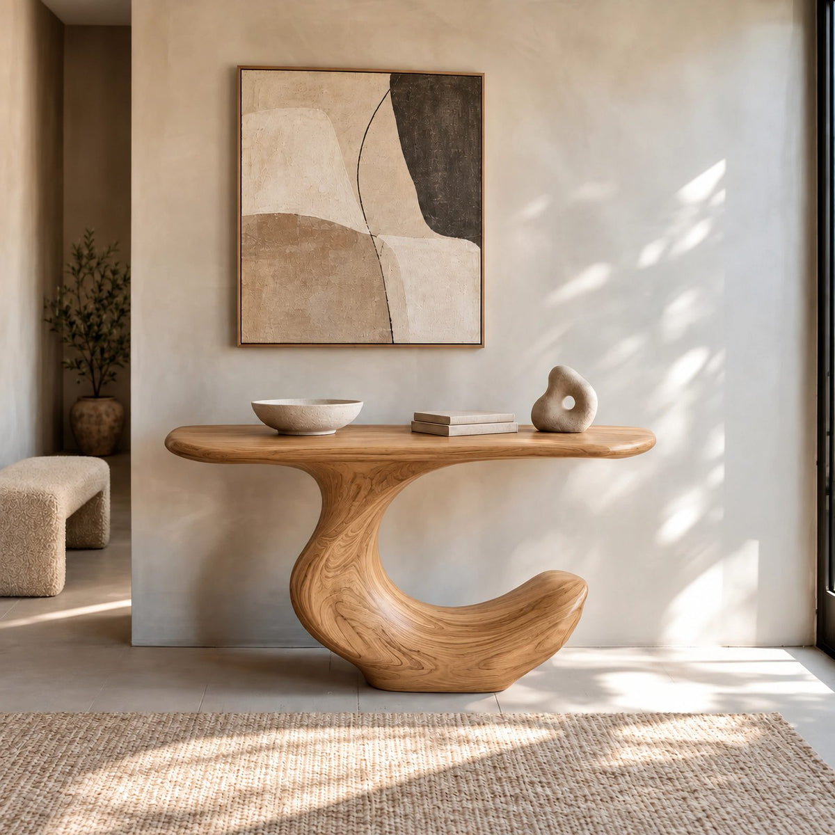 Contemporary Flowing Wood Console Table With S Curve Base For Entryway