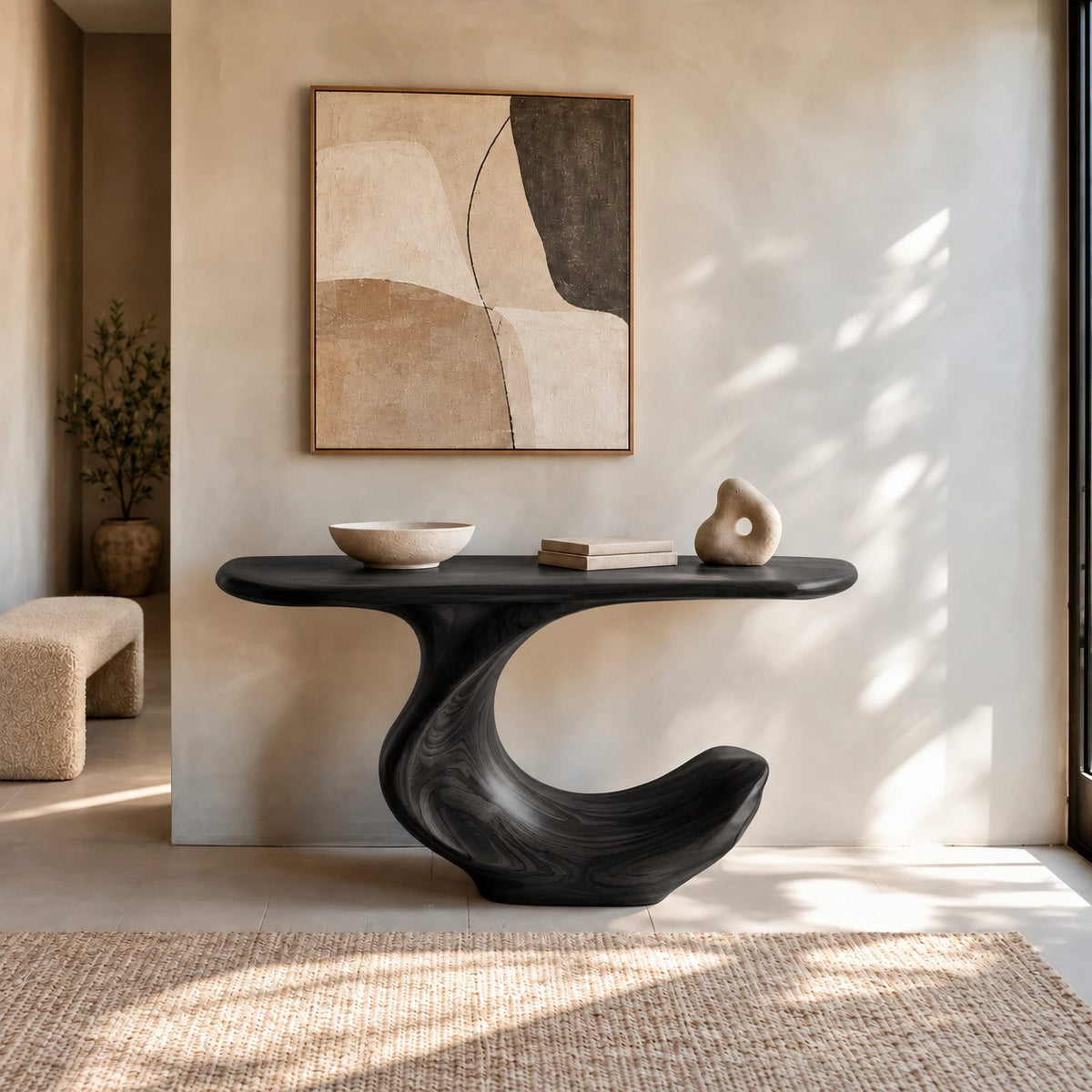 Contemporary Flowing Wood Console Table With S Curve Base For Entryway