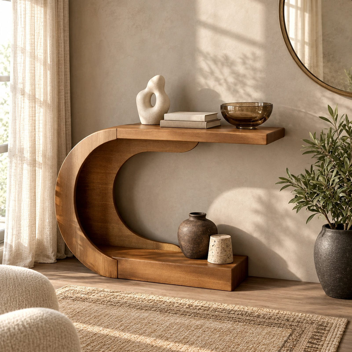 Modern Curved Wood Console Table With Arched Display Shelf For Entryway