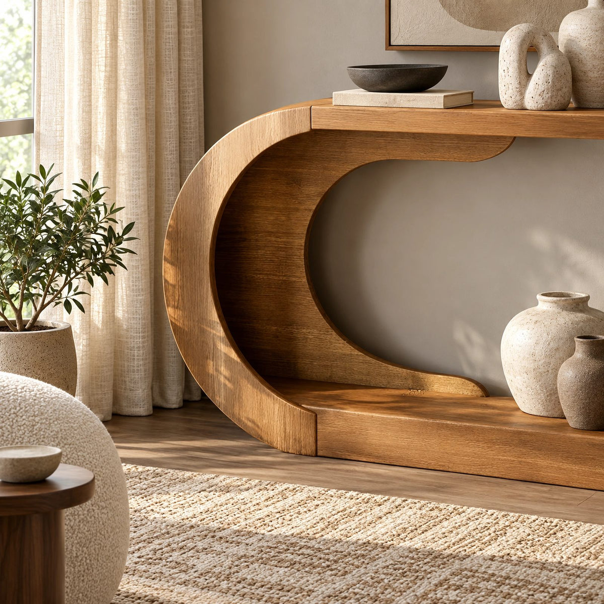 Modern Curved Wood Console Table With Arched Display Shelf For Entryway