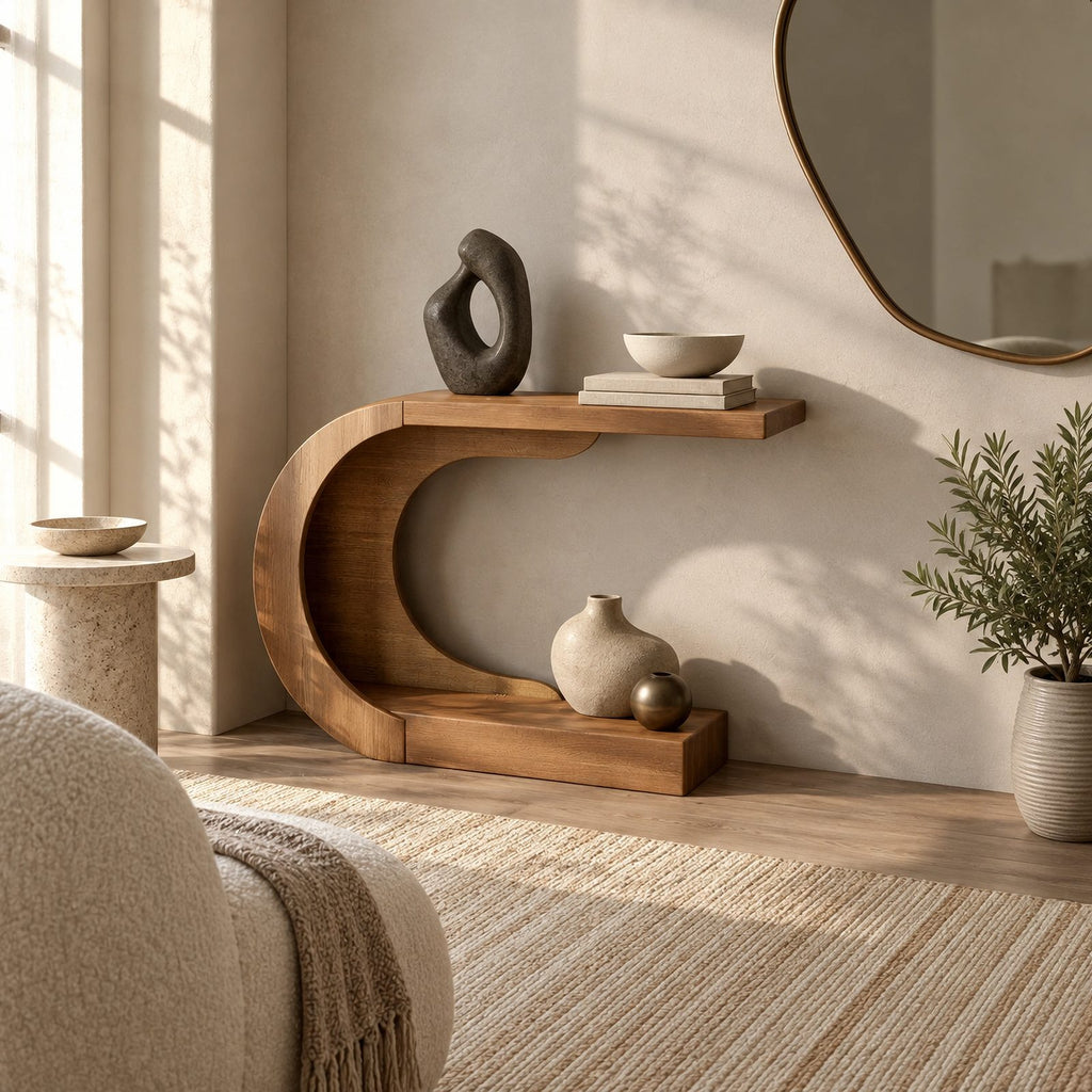 Modern Curved Wood Console Table With Arched Display Shelf For Entryway