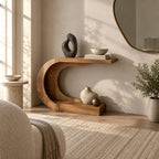 Modern Curved Wood Console Table With Arched Display Shelf For Entryway