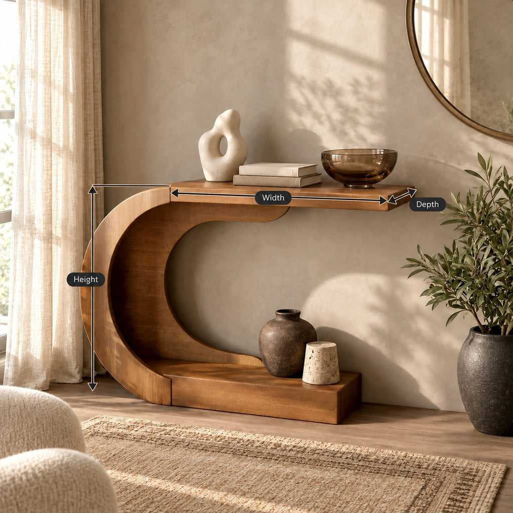 Modern Curved Wood Console Table With Arched Display Shelf For Entryway
