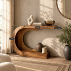 Modern Curved Wood Console Table With Arched Display Shelf For Entryway
