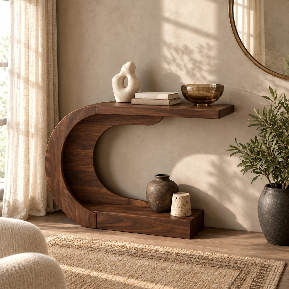 Modern Curved Wood Console Table With Arched Display Shelf For Entryway