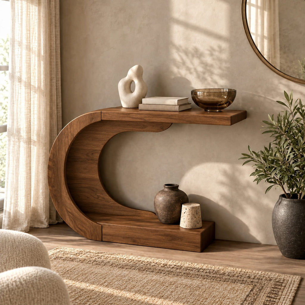 Modern Curved Wood Console Table With Arched Display Shelf For Entryway