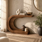 Modern Curved Wood Console Table With Arched Display Shelf For Entryway