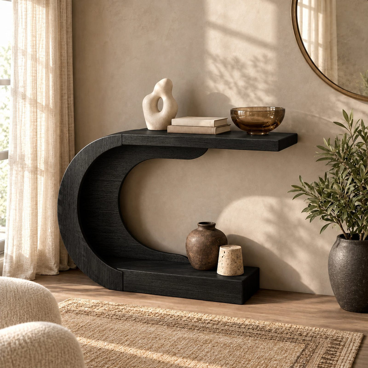 Modern Curved Wood Console Table With Arched Display Shelf For Entryway