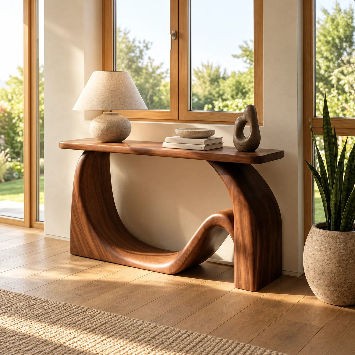 Minimalist Flowing Wood Console Table With Sculpted Base For Hallway