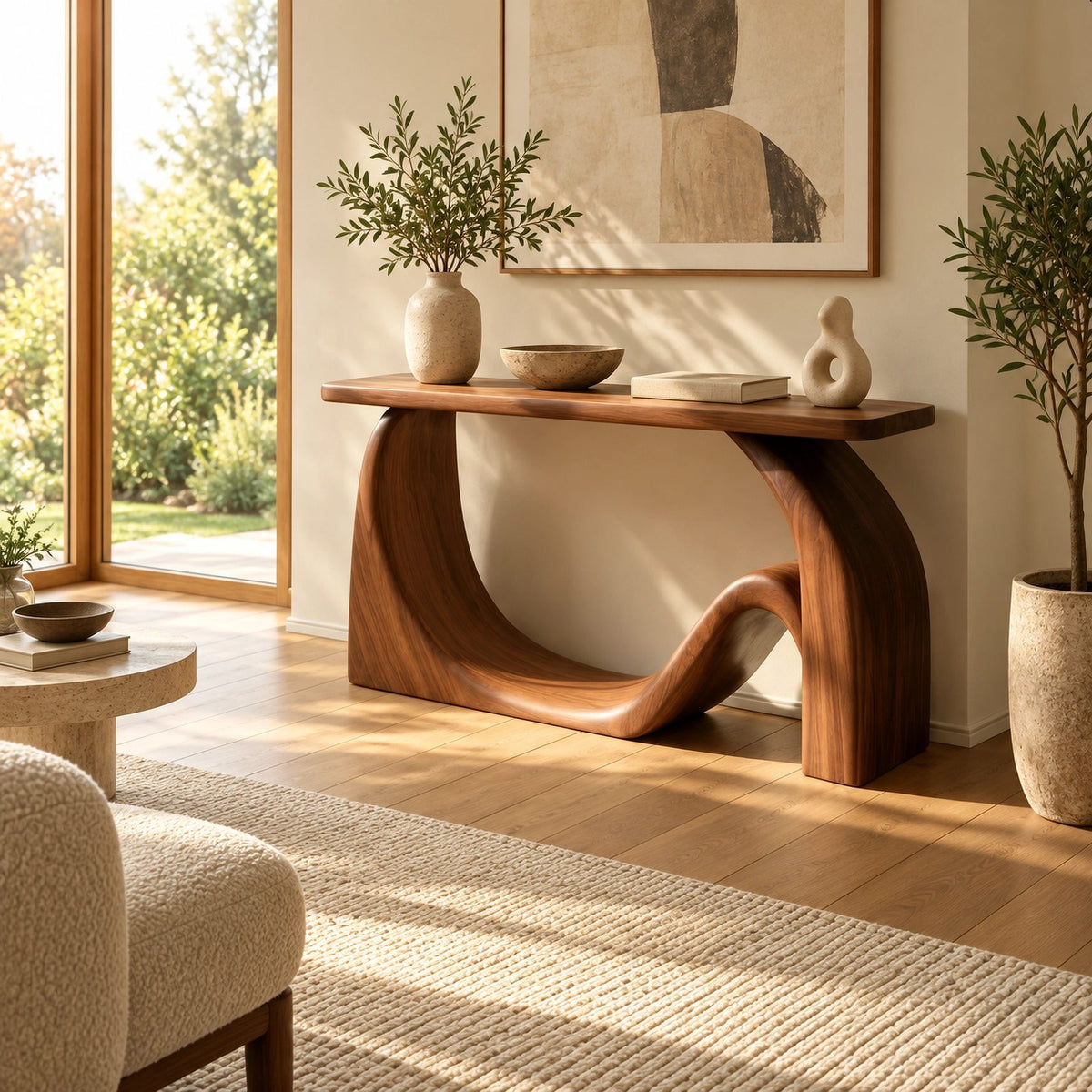 Minimalist Flowing Wood Console Table With Sculpted Base For Hallway
