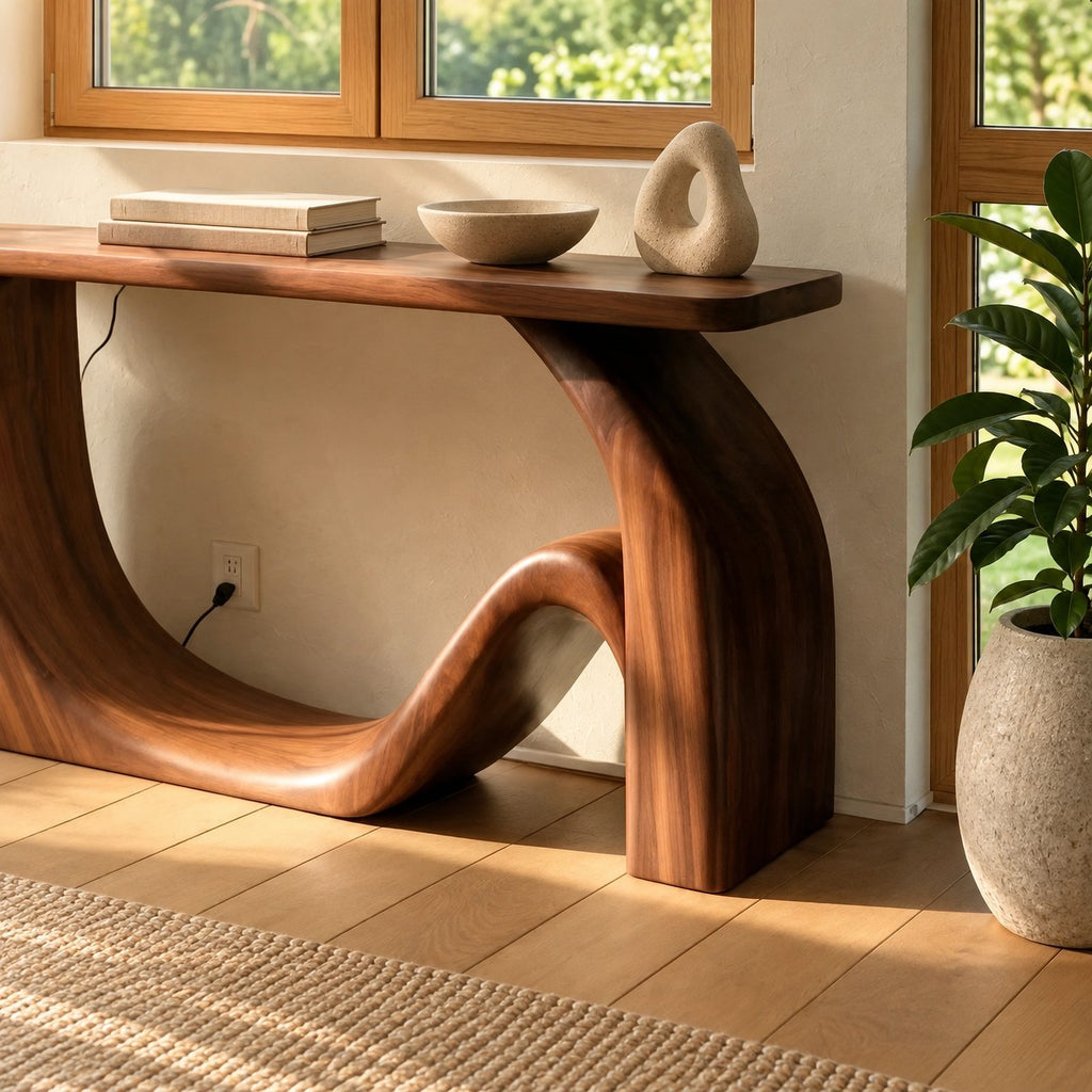 Minimalist Flowing Wood Console Table With Sculpted Base For Hallway