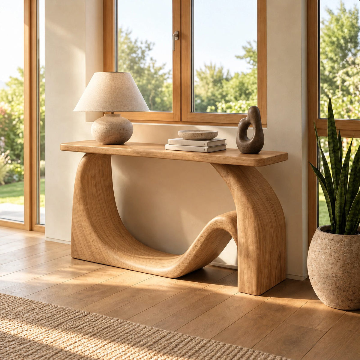 Minimalist Flowing Wood Console Table With Sculpted Base For Hallway
