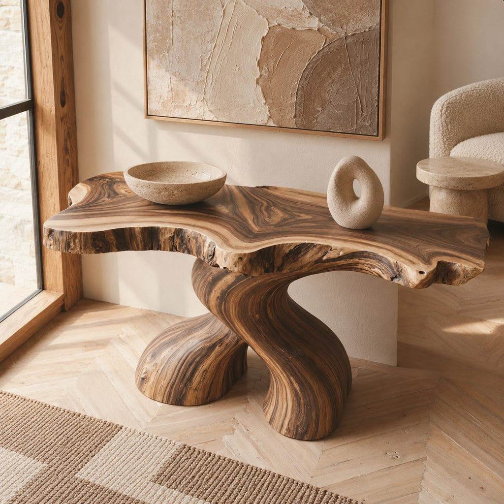 Organic Curved Burl Wood Console Table With Twisting Base For Living Room