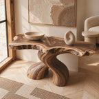 Organic Curved Burl Wood Console Table With Twisting Base For Living Room