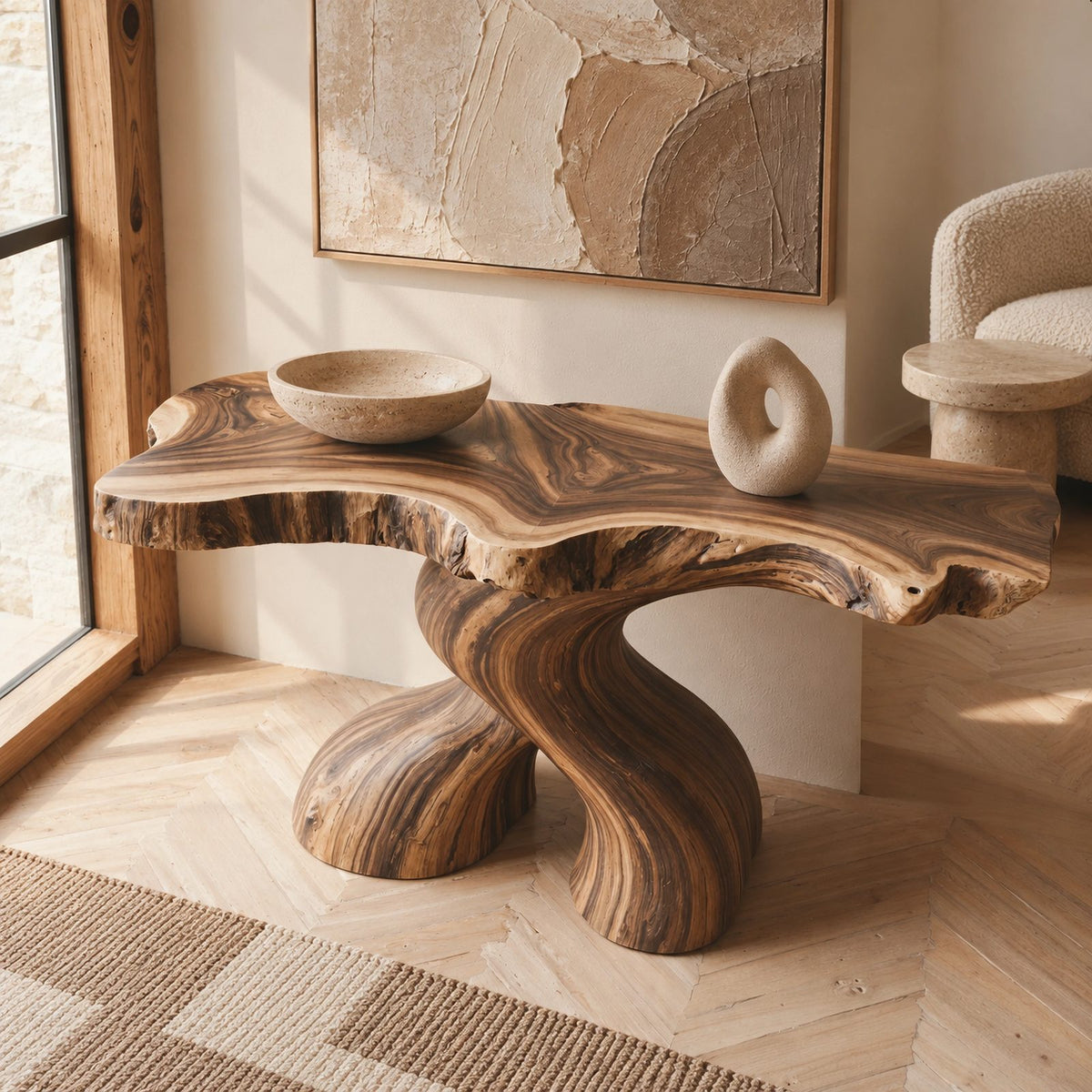 Organic Curved Burl Wood Console Table With Twisting Base For Living Room